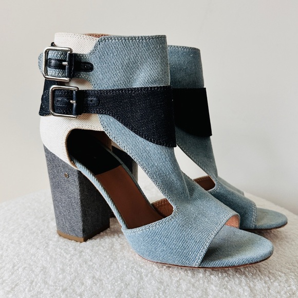 Multi Contrasting Jean Cutout Sandal By Laurence Dacade Size 39.5  4" Heel - Picture 5 of 16